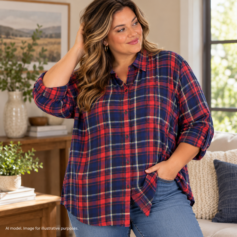 Ralph Lauren Shirt Womens 3X Red Blue Plaid Long Sleeve Button Front All Cotton